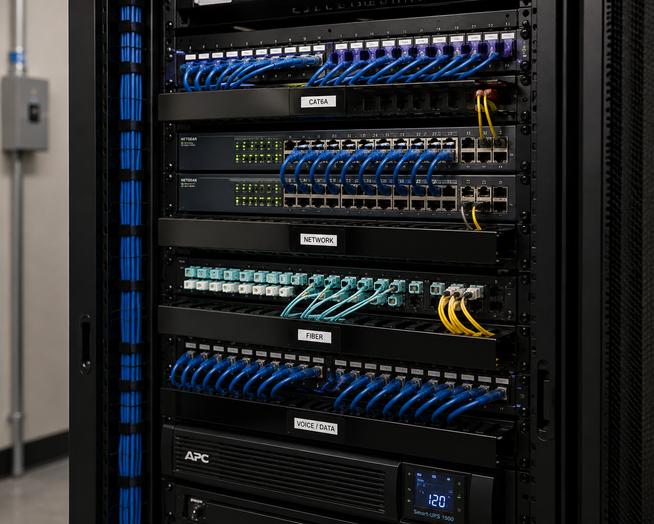Commercial network rack with switches, patch panels, and organized Ethernet cables