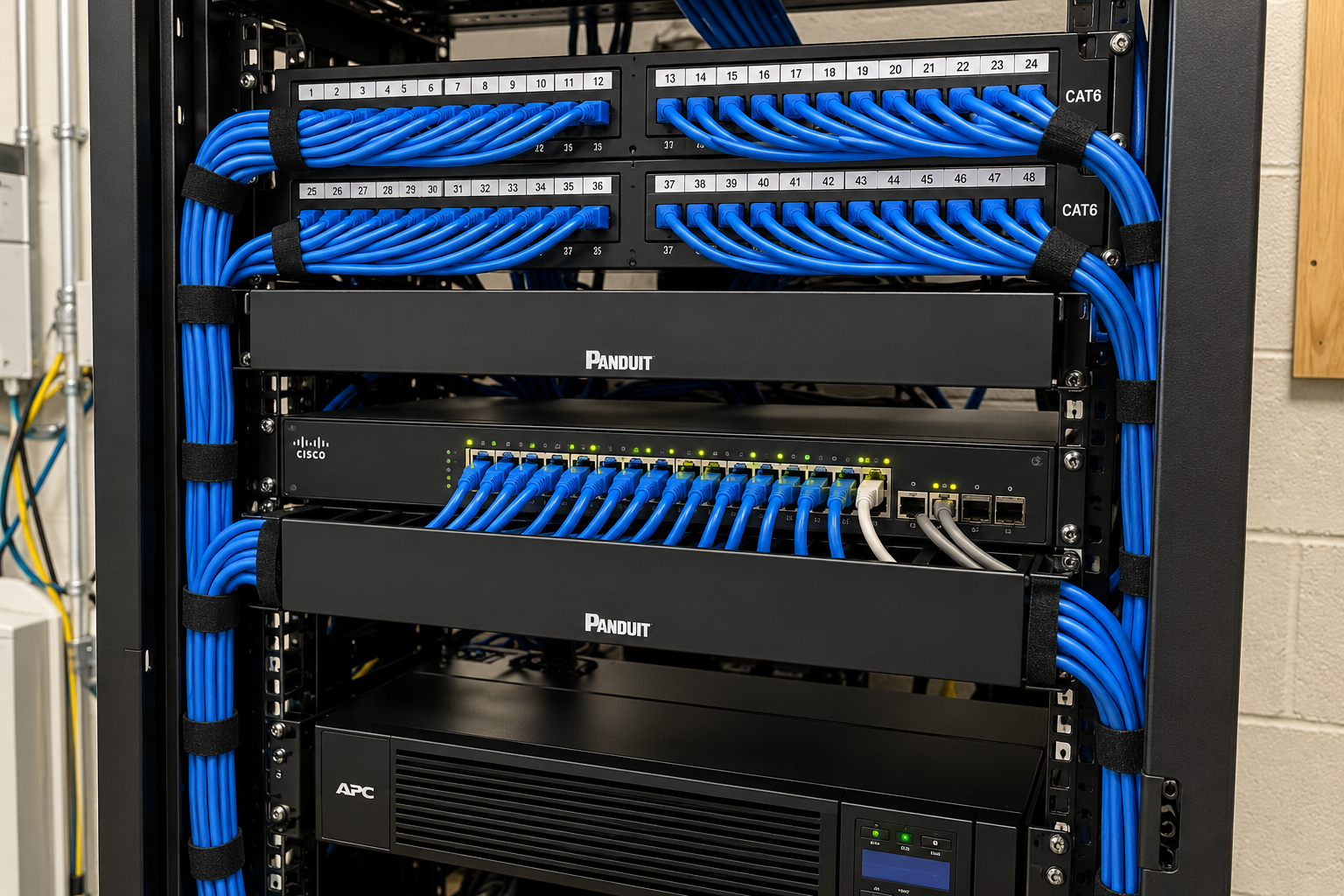 Commercial network rack with organized Cat6 cabling and patch panels