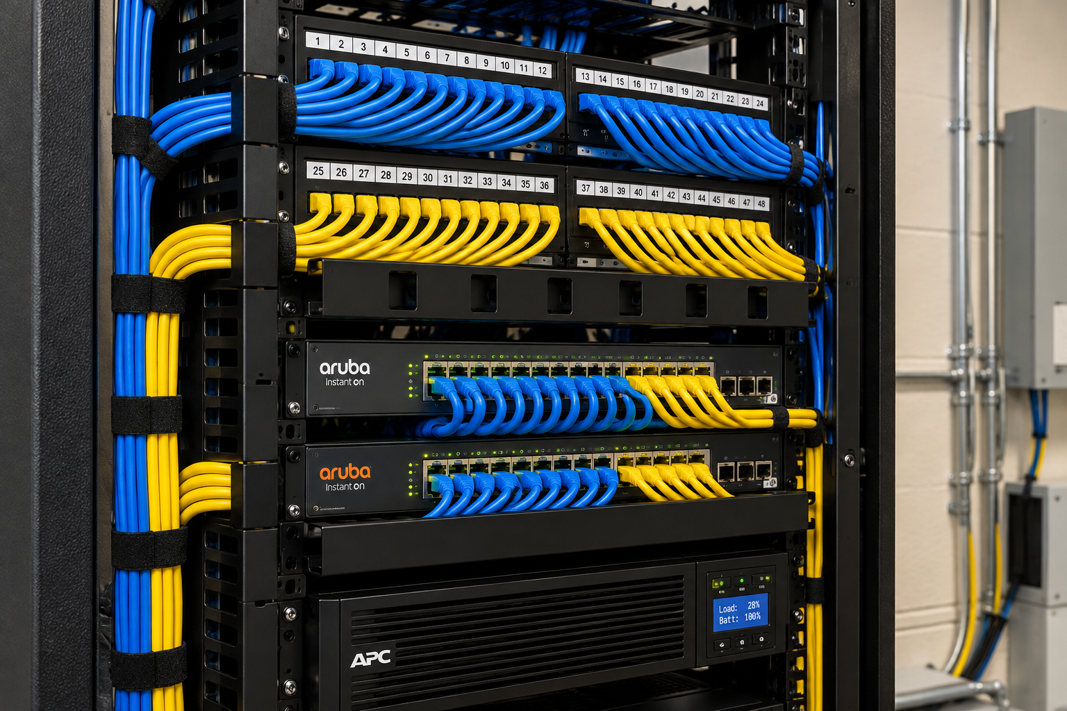 Commercial network rack with organized Cat6 cabling, patch panels, network switches, and UPS equipment.