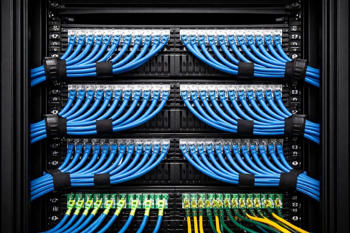 Commercial structured cabling installation with organized Cat6 network connections