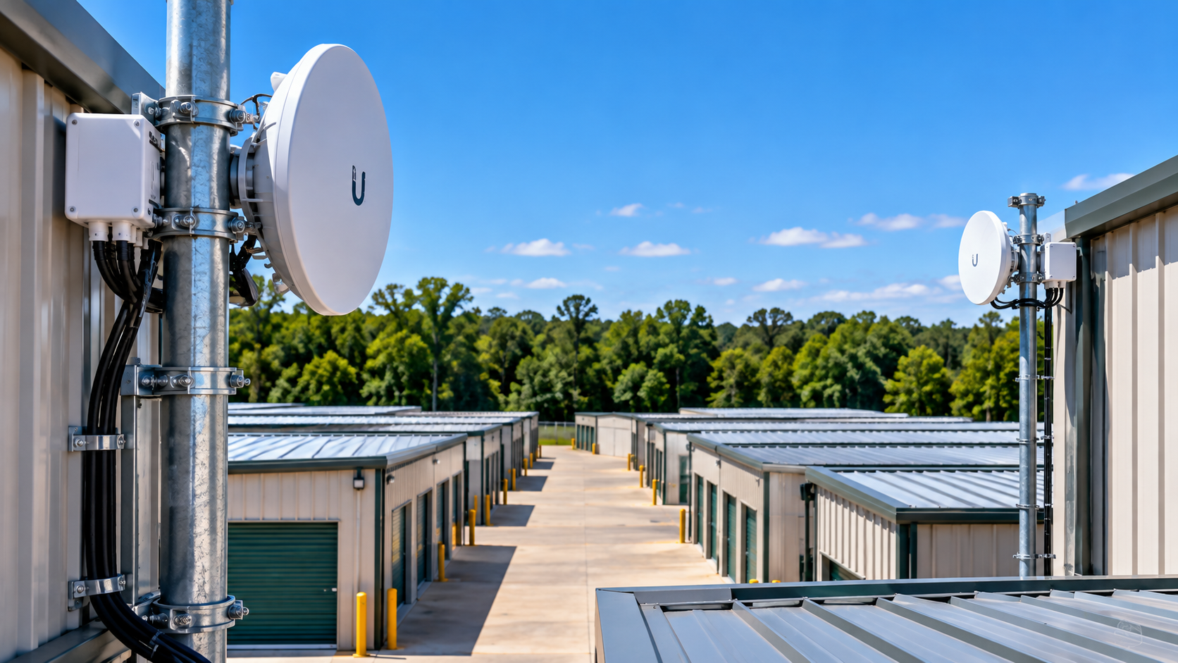 Two outdoor wireless point-to-point antennas connecting separate commercial storage buildings.