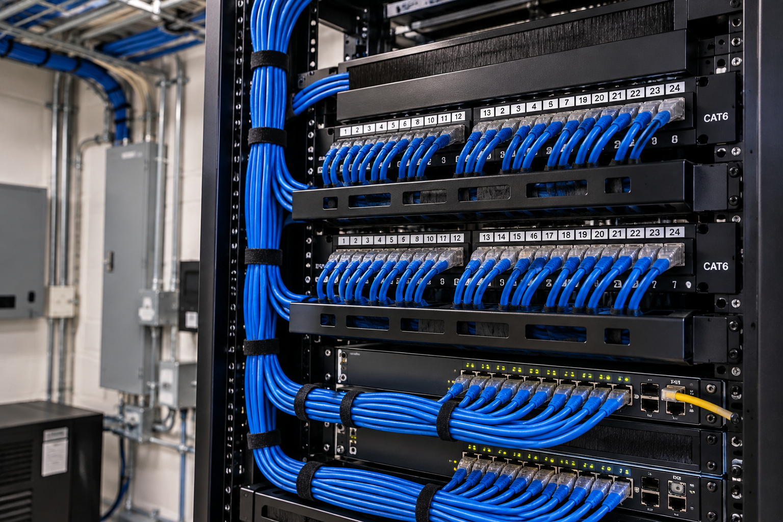 Commercial Cat6 network rack installation with organized Ethernet cables, patch panels, and network switches.