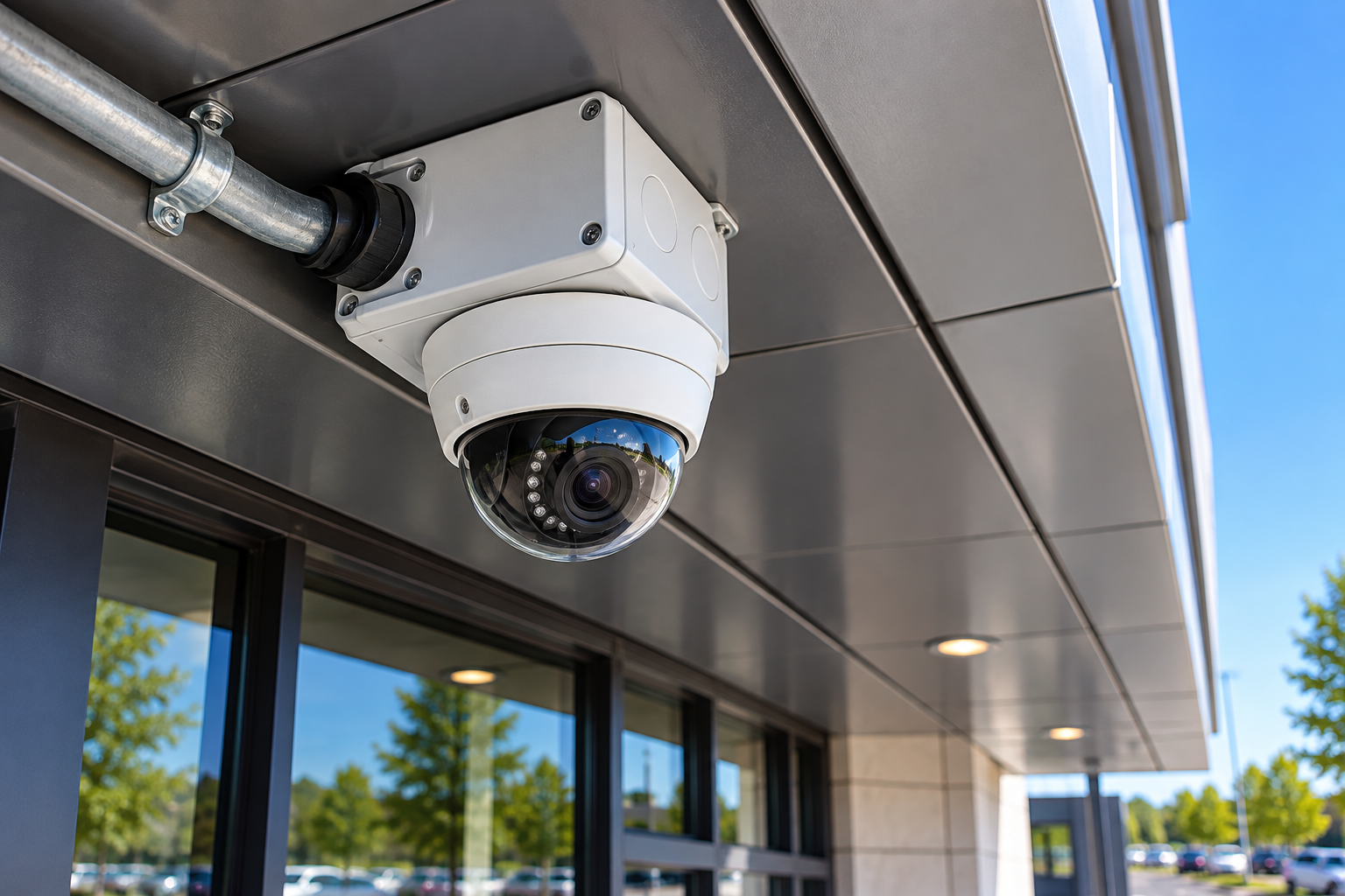 Commercial dome security camera mounted beneath a building entrance canopy with metal conduit and weatherproof junction box.