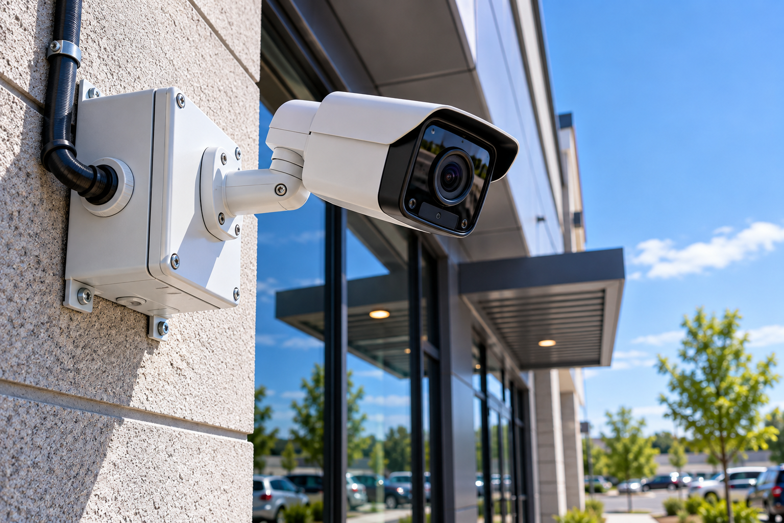 Commercial IP security camera mounted on an exterior building wall with weatherproof junction box and conduit.