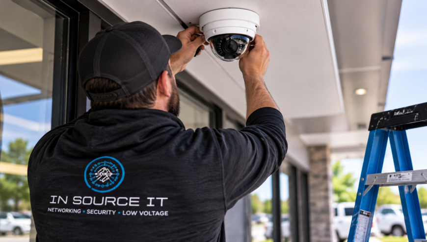Technician installing a commercial IP security camera beneath a building entrance.