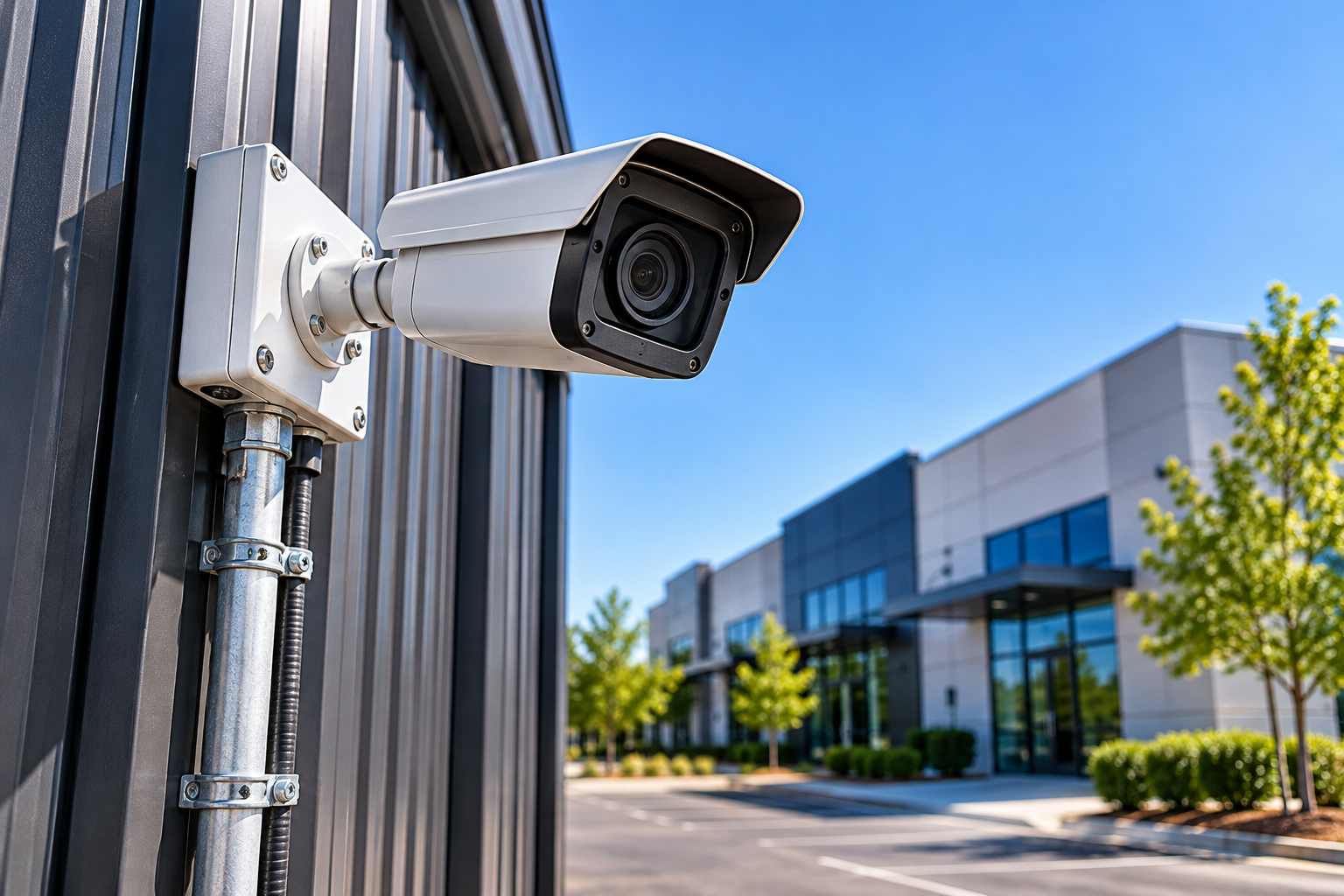 Exterior IP security camera mounted on a commercial building with protective conduit.