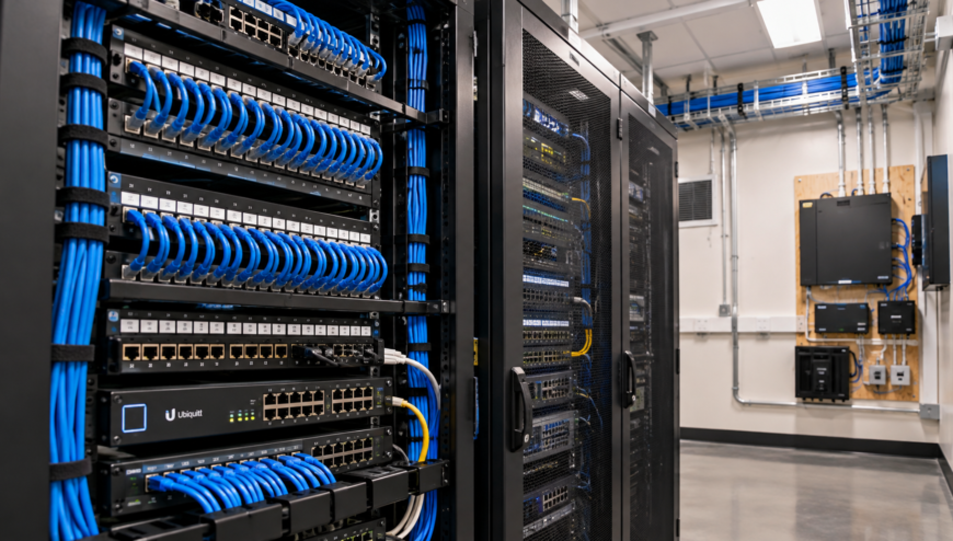 Commercial network rack and server room installation with organized Cat6 cabling, patch panels, and network switches.