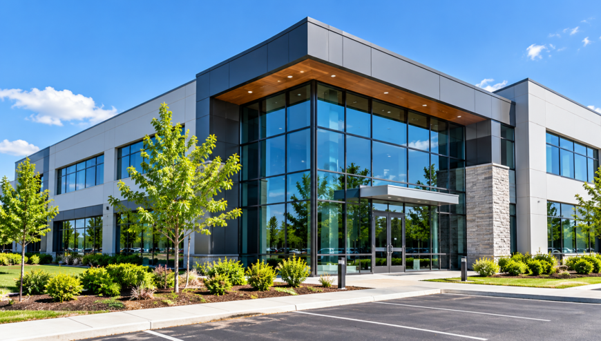 Modern commercial office building served by In Source IT's low-voltage and network infrastructure services.