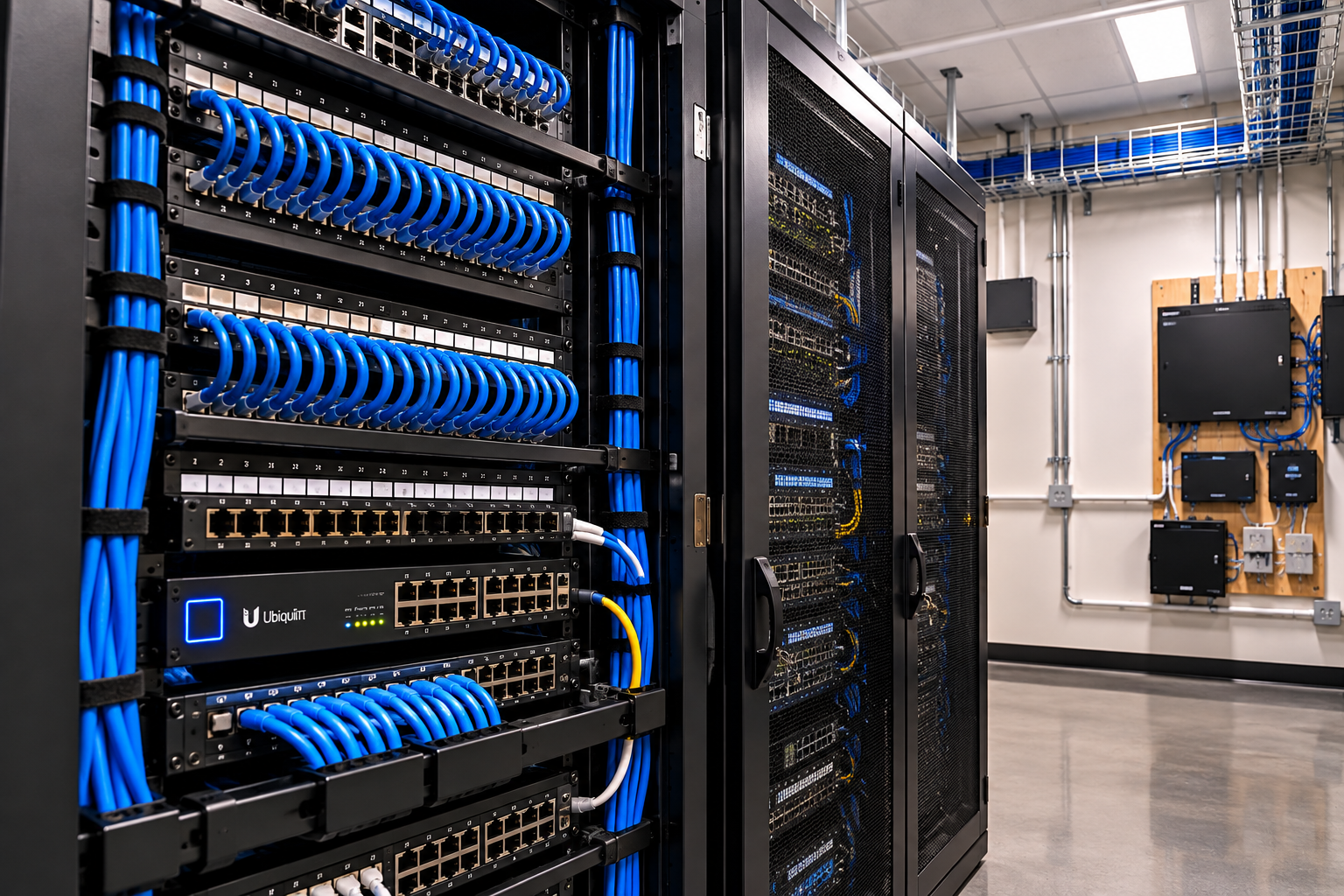 Commercial server room with floor-standing network racks, organized Cat6 Ethernet cabling, patch panels, and network switches.