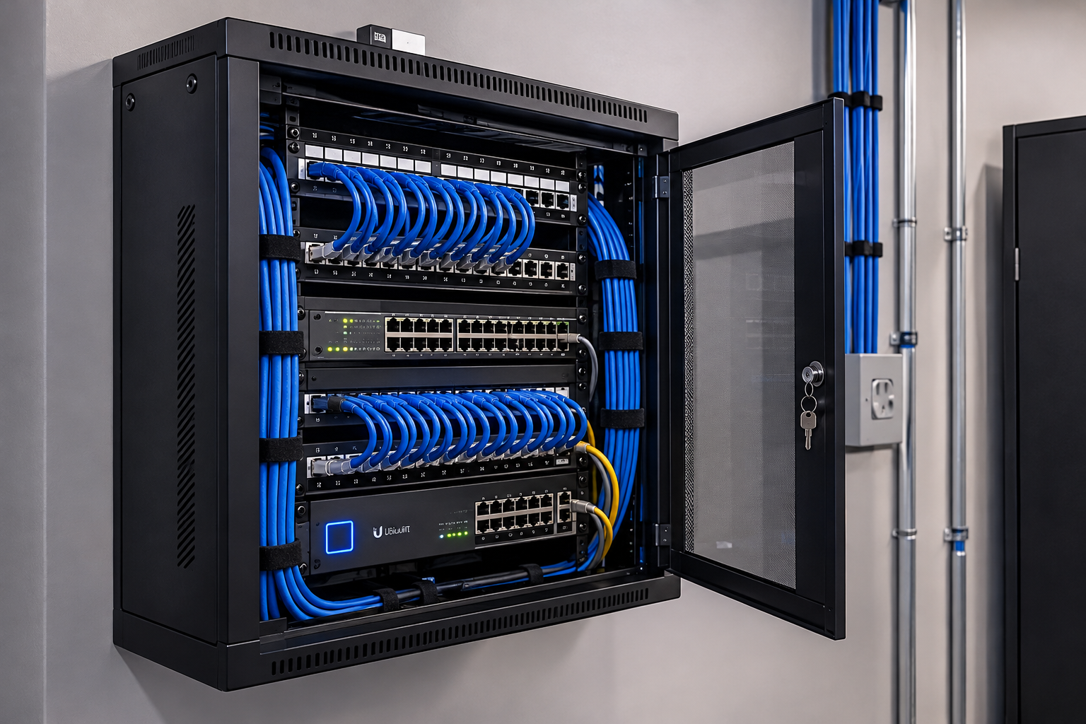 Wall-mounted commercial network rack with organized Cat6 Ethernet cabling, patch panels, and network switches.