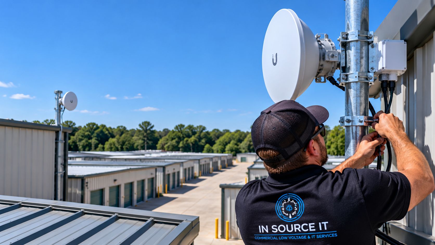 Technician installing a commercial wireless point-to-point bridge between storage facility buildings.