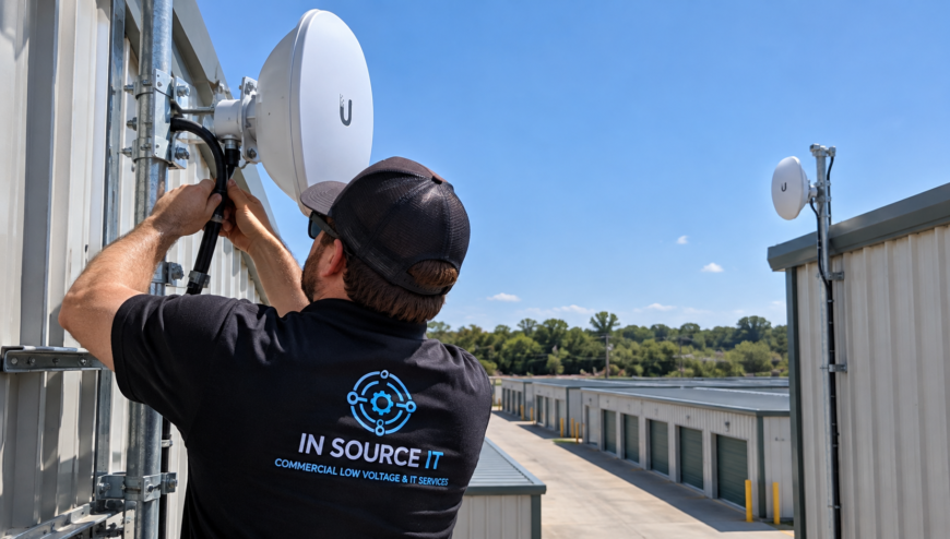 Technician installing a commercial wireless point-to-point bridge between storage facility buildings.