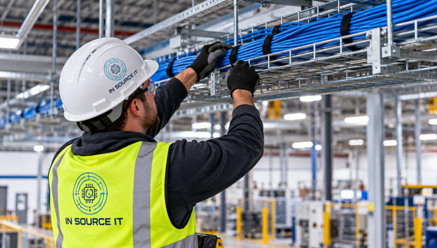 Industrial network cabling with organized Cat6 Ethernet cables and patch panels in a commercial network rack