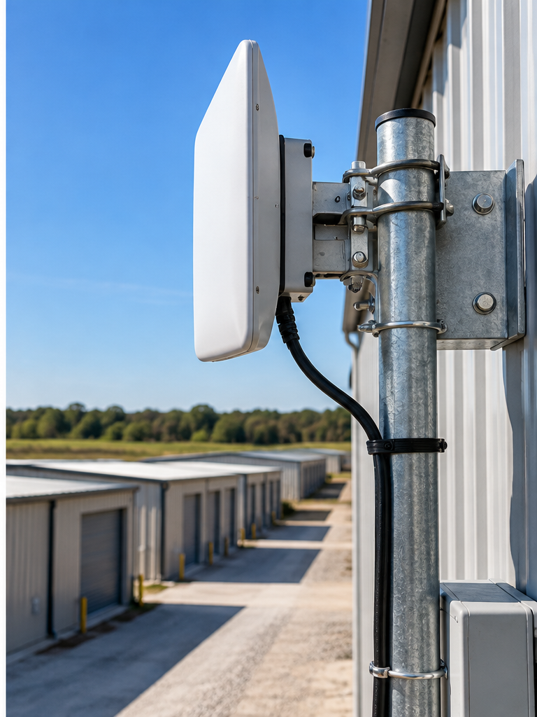 Point-to-point wireless bridge antenna mounted on an industrial building for network connectivity