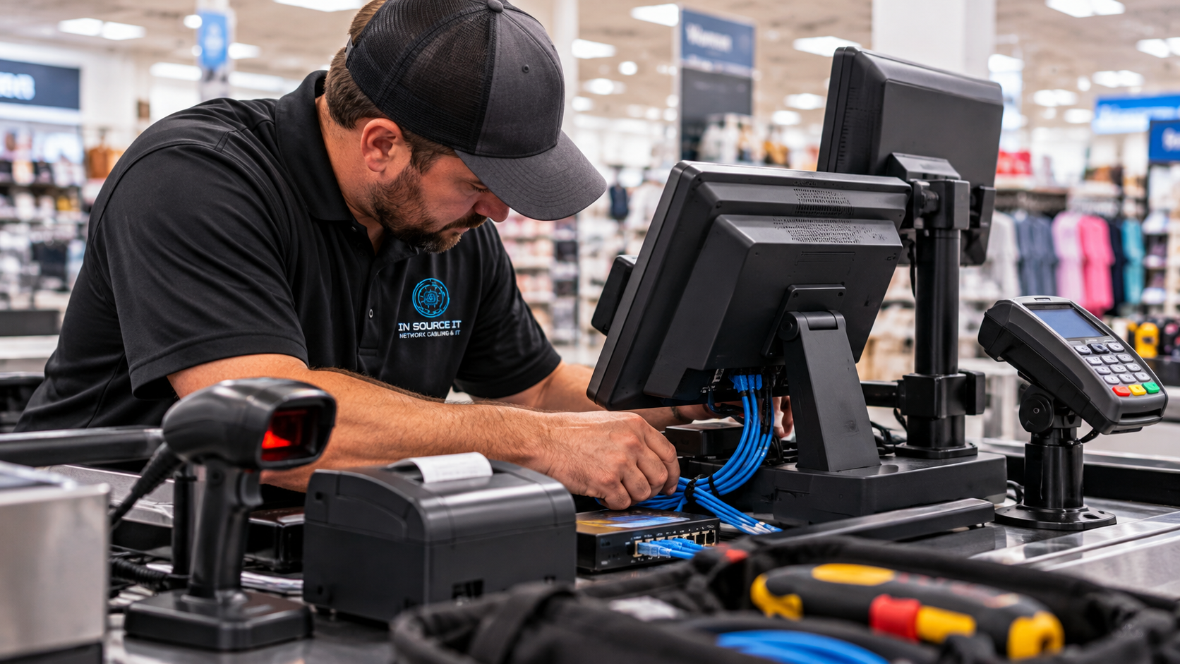 Technician connecting blue Ethernet cables to network equipment beneath a retail checkout counter.