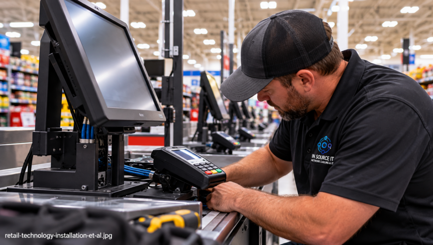 Retail IT technician installing POS equipment and payment terminal at a commercial store checkout counter.
