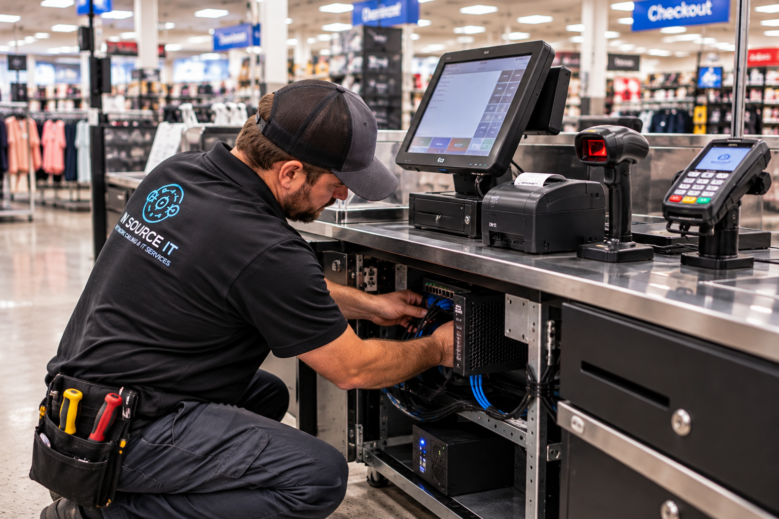 Retail IT technician servicing POS equipment and connecting cables beneath a checkout counter.