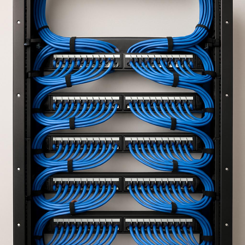 Industrial network rack with organized blue Cat6 Ethernet cables, patch panels, and network switches