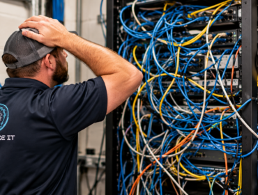 IT technician inspecting a messy commercial network rack with tangled Ethernet cables and patch panels
