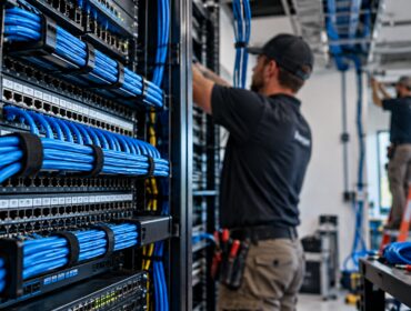 Commercial network cabling technicians installing Cat6 Ethernet cables and organizing a network rack in a business IT environment.