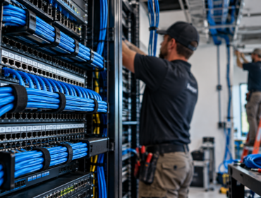 Commercial network cabling technicians installing Cat6 Ethernet cables and organizing a network rack in a business IT environment.